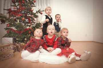 Children at time of christmas day posing together near tree