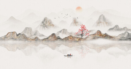 Background of Chinese style ink landscape painting with artistic conception