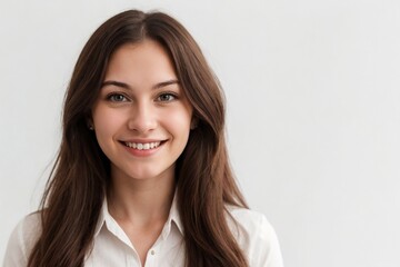 Fototapeta premium Businesswoman confidently smiling against the white background. Happy businesswoman concept.