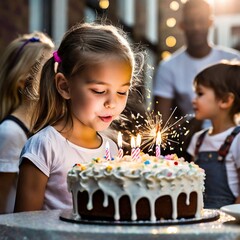 Dziewczynka zdmuchująca świeczki na torcie urodzinowym - obrazy, fototapety, plakaty