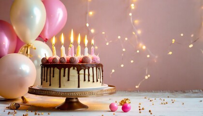 Różowe tło z tortem urodzinowym, świeczkami i balonami - obrazy, fototapety, plakaty