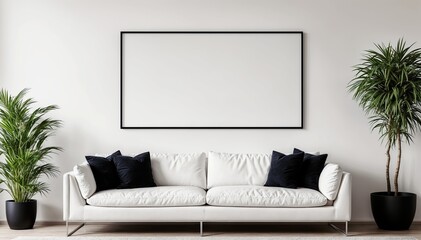 A white living room with a white couch, two potted plants, and a large picture frame on the wall.