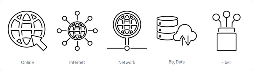 A set of 5 Internet Computer icons as online, internet, network, big data