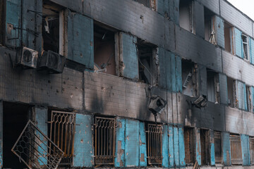 Destruction of a maternity hospital after being hit by a ballistic missile during the war in Ukraine and Russia. War. Medical institution. Direct hit to the building