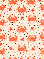 A crab pattern with a starfish on a light pink background.