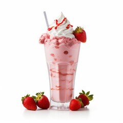 Delicious creamy strawberry cocktail in a glass on a white background, soft ice cream, dairy product. dessert.
