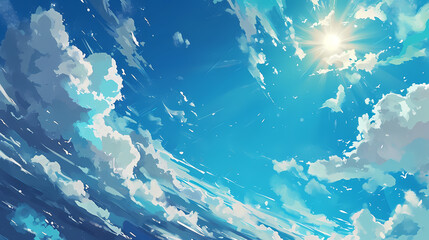 Abstract Blue Sky with Clouds and Light Rays