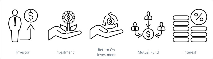 A set of 5 Investment icons as investor, investment, return on investment - obrazy, fototapety, plakaty