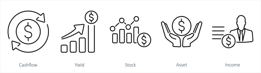 A set of 5 Investment icons as cashflow, yield, stock
