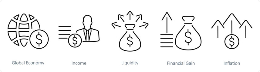 A set of 5 Investment icons as global economy, income, liquidity