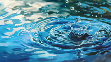 Water droplet creating ripples on blue water surface