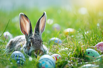 Osterhase mit Ostereiern in der Wiese