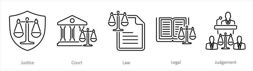 A set of 5 Justice icons as justice, court, law - obrazy, fototapety, plakaty