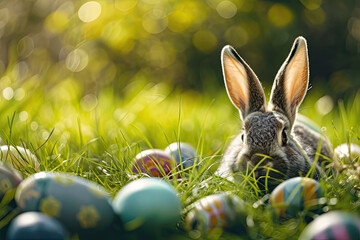 Osterhase mit Ostereiern in der Wiese