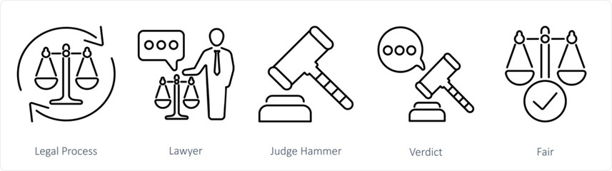 A set of 5 Justice icons as legal process, lawyer, judge hammer