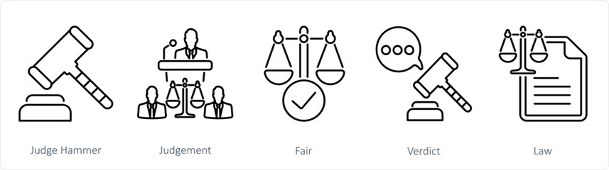A set of 5 Justice icons as judge hammer, judgement, fair 
