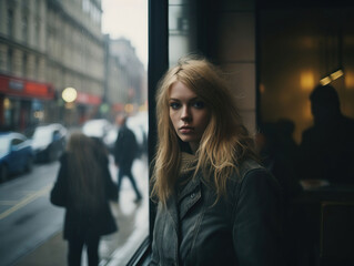 blonde girl in a coffee shop near the window in a rainy day in scotland photography, Generative AI