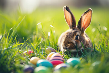 Osterhase mit Ostereiern in der Wiese
