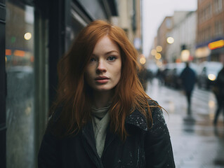 red hair beautiful woman on the streets of Glasgow during a rainy day photography, Generative AI