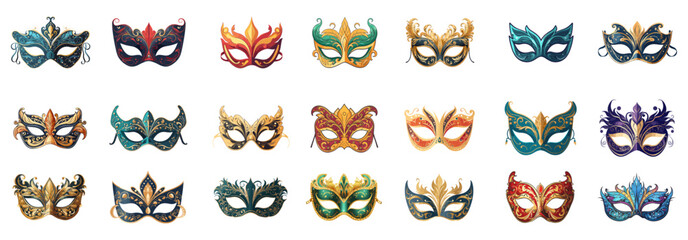 set of illustration of masquerade mask. carnival ornaments vector. isolated on a transparent background. eps10 - obrazy, fototapety, plakaty