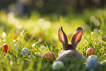 Osterhase mit Ostereiern in der Wiese