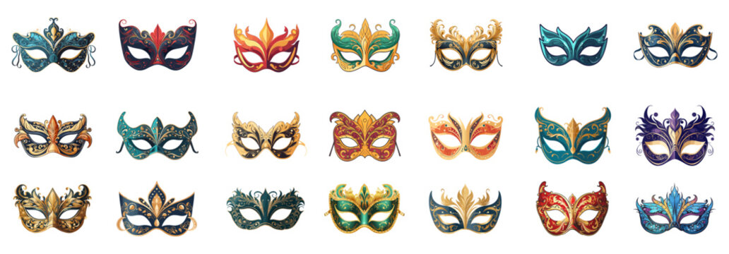 set of illustration of masquerade mask. carnival ornaments vector. isolated on a transparent background. eps10