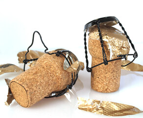 two champagne bottle corks over white background