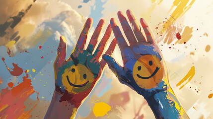 Hands Painted with Smiley Faces and Color Splashes