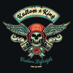 Naklejka premium Kustom King, Winged skull shape emblem and logo, Creative and special illustration art design 