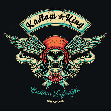 Kustom King, Winged skull shape emblem and logo, Creative and special illustration art design	
