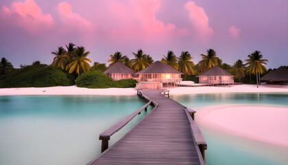 Fototapeta premium Beautiful Maldives travel destination, soft dreamy hues, national geographic, Illustrations, sunset on beach nature photography.