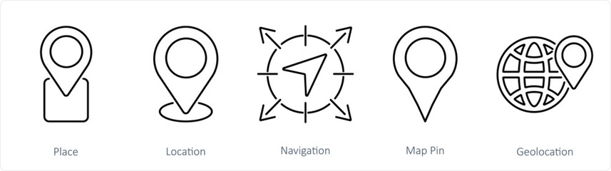 A set of 5 Location icons as place, location, navigation
