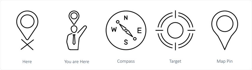 A set of 5 Location icons as here, you are here, compass