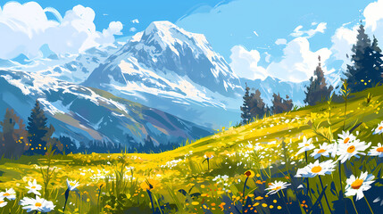 Idyllic mountain landscape with blooming meadow