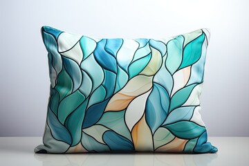 A lively and colorful cushion against a white canvas.