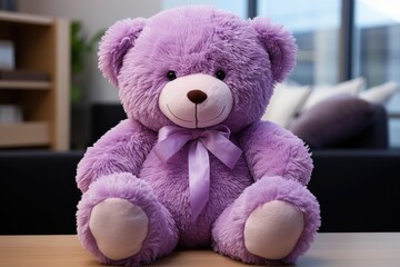 Purple teddy bear toy for kids sitting at a wooden table