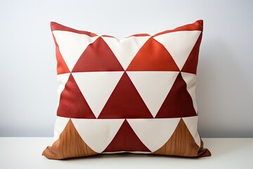 A white pillow with colorful triangles pattern on white surface