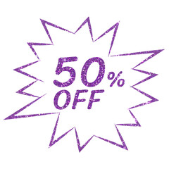 Purple glitter 50% off on a Comics style bang. 50 percent. Sales concept. Design for decorating, background, wallpaper, illustration.