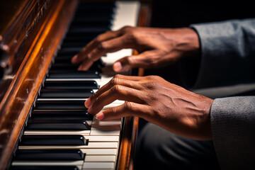 Pianist plays a melody on the piano. Classical music at a concert - obrazy, fototapety, plakaty