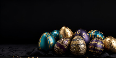 Happy Easter background concept with easter eggs in nest and spring flowers, Stylish easter eggs and glitter, Easter eggs in a bowl with a cup of coffee on the table, generative AI
