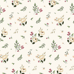 Fototapeta premium Seamless floral pattern, abstract ditsy print in vintage rustic, folk motif. Romantic botanical design: small hand drawn flowers, little leaves on light background. Vector flower ornament illustration