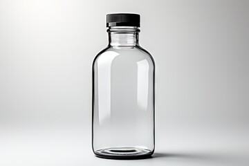 Small transparrent glass bottle for liquids isolated on white surface