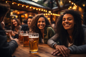 Friends having fun drinking beer and chatting in a pub - obrazy, fototapety, plakaty