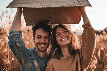 Zukunft im Blick Junges Paar mit Dach &uuml;ber dem Kopf als Symbol f&uuml;r Hausbau