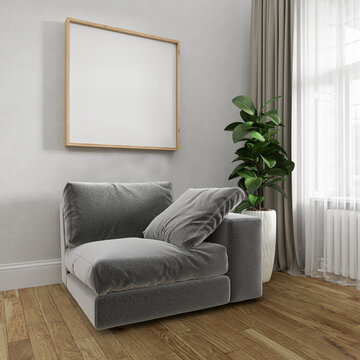 Mockup poster one wood frame in empty picture living room interior square wooden floor and trees There is a sofa in illustration 3d rendering.