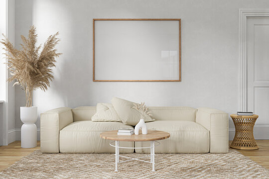Mockup poster frame in scandinavian style, tropical, rustic, minimal, bohemian, living room interior, living room interior background, 3d rendering.