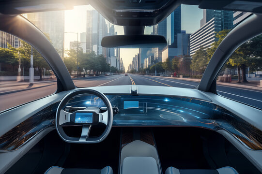 Autonomous self-driving futuristic car without driver. First-person view