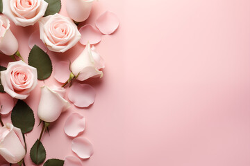 Pink roses and petals on pink background. Copy space, top view
