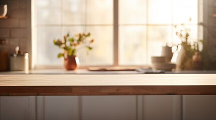 Wooden kitchen table setting with bright window. Perfect for home products advertisements. Blurred background window scene. Natural Organic Cottage Home. Generative AI