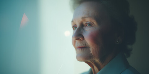 Mature woman with a serene expression, bathed in the gentle light of a calm, reflective moment - obrazy, fototapety, plakaty